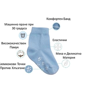 Комплект Бебешки Чорапи: 0-36 Месеца, Анти слип, Памук, Бели и Сини, 12 Чифта